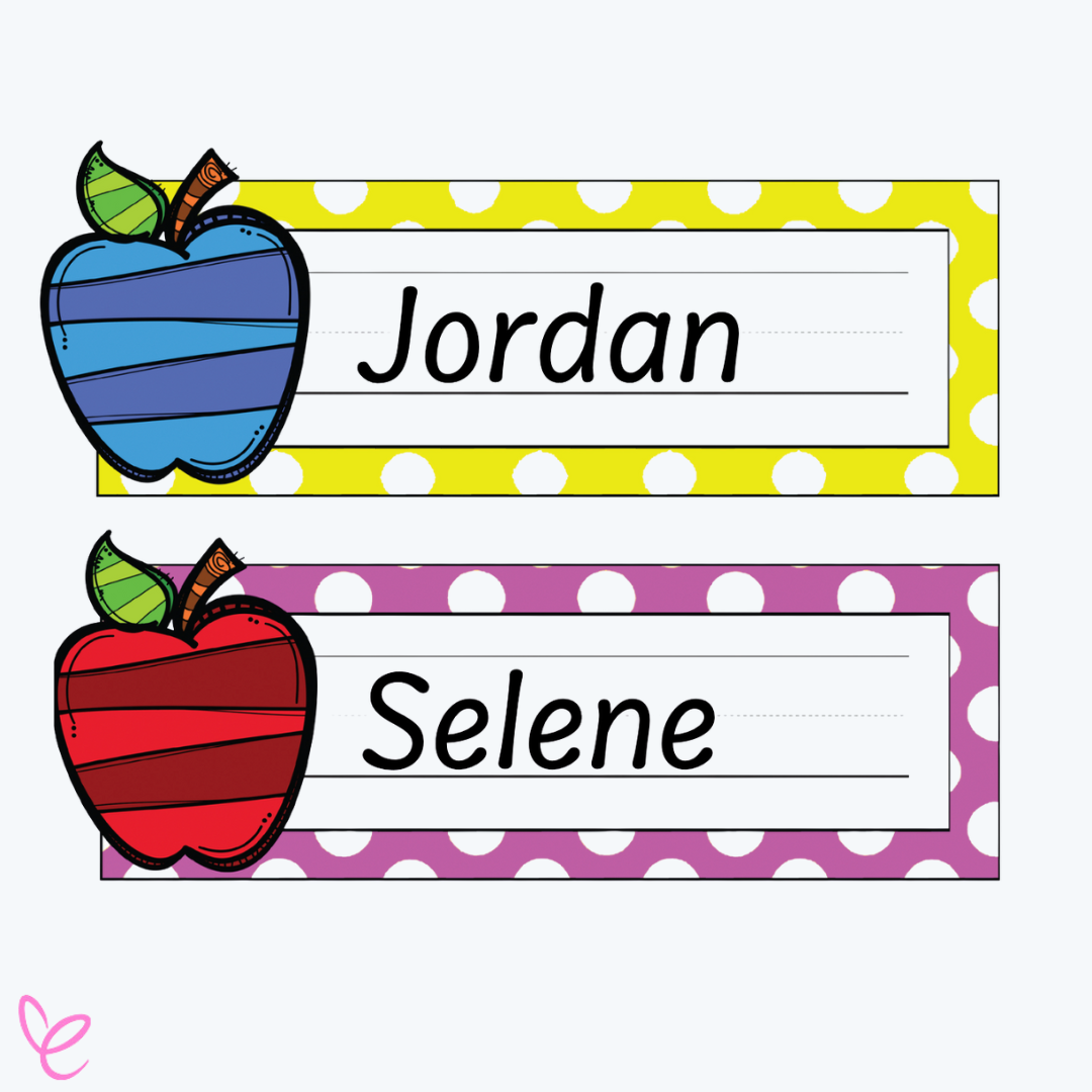 Bright classroom nameplates with a yellow polka-dot border and blue apple for "Jordan," and a pink polka-dot border with a red apple for "Selene."