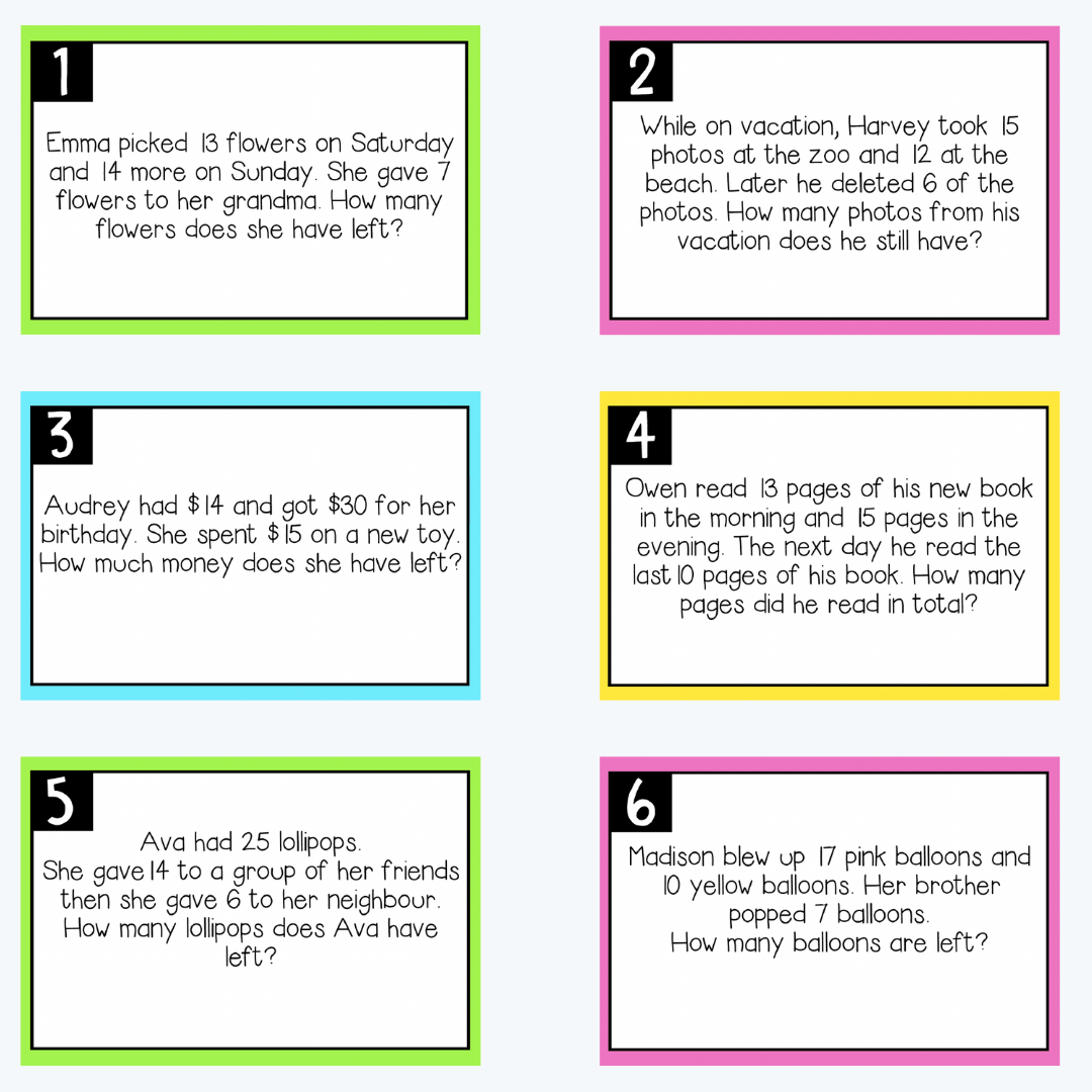 A photo of the colourful digital teacher printable 'Interactive Multi-Step Word Problems Task Cards' featuring a white background.