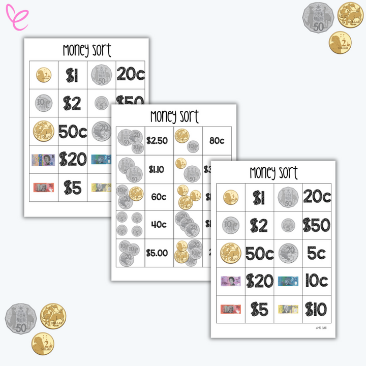 Three money sorting worksheets with Australian coins and banknotes, arranged in a grid format for categorizing currency values. Loose coin images are placed around the sheets for a hands-on learning experience.