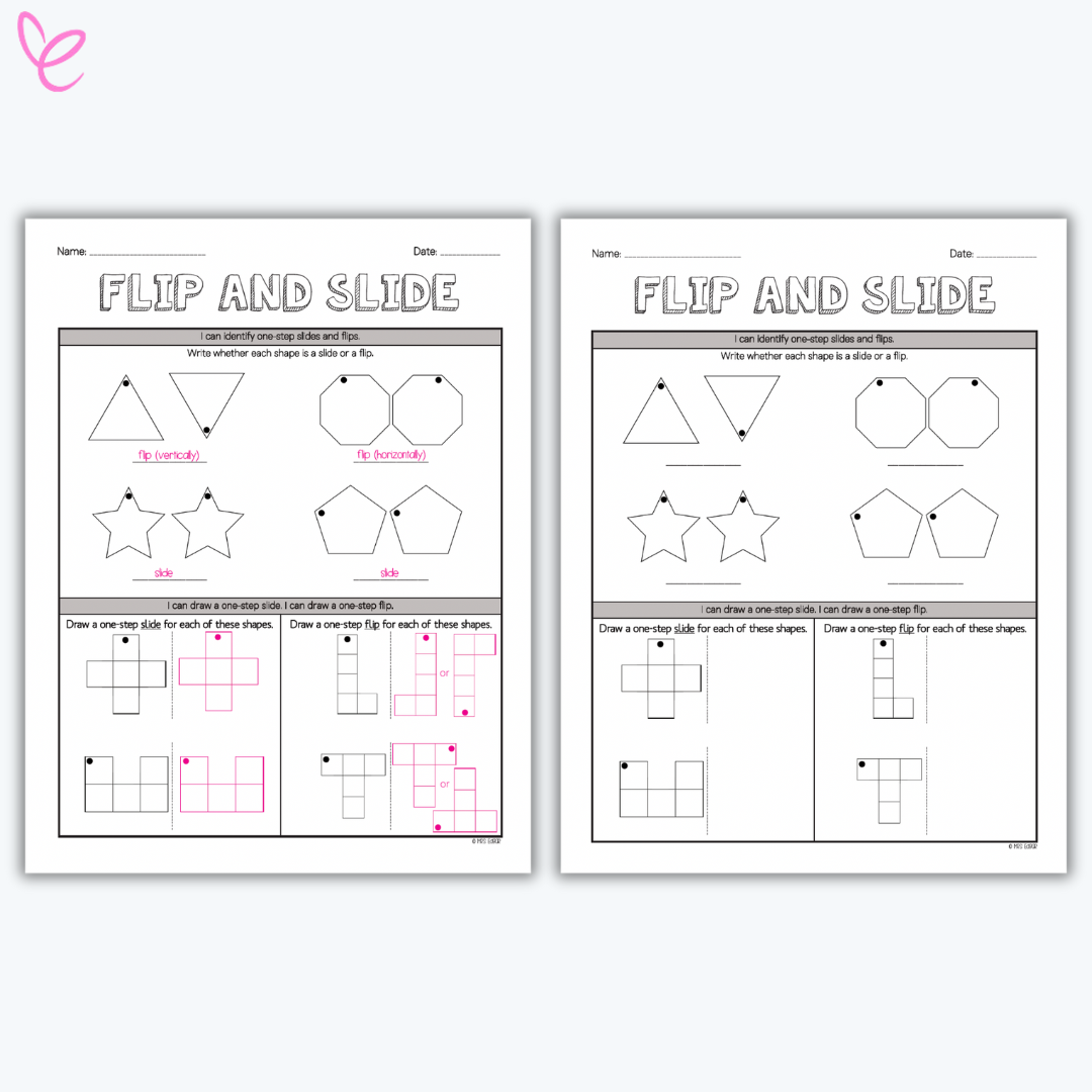Printable 'Flip and Slide' worksheets with tasks to identify slides or flips of shapes and draw one-step slides and flips on grids, designed for early learners.
