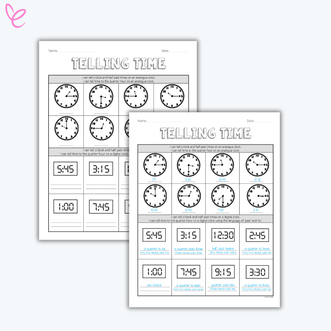 The sheet shows both analogue and digital clocks with a section to practice matching time formats using the language of 'past' and 'to'.