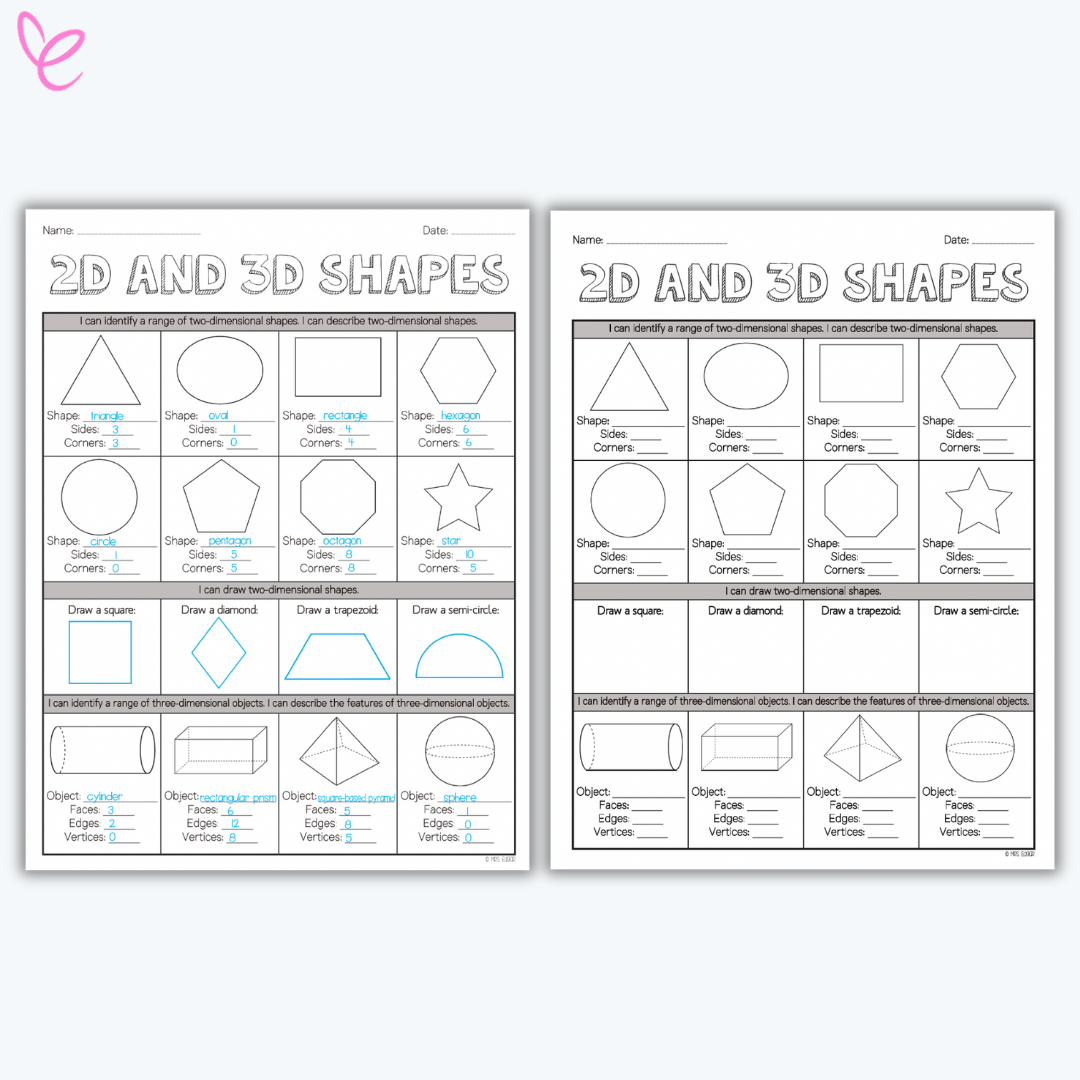 Two worksheets titled '2D and 3D Shapes' designed for Year 2 students. The worksheets include activities to identify, describe, and draw 2D shapes like triangles and circles, as well as describe the features of 3D objects such as cylinders and cubes. Each shape has space for students to list sides and corners or edges, faces, and vertices for 3D objects.