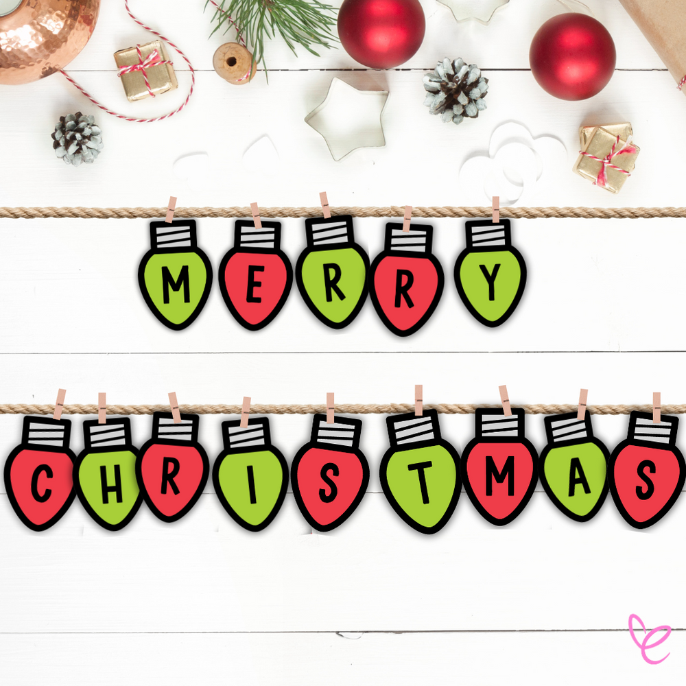 Merry Christmas banner made of red and green holiday light bulbs, each containing a single letter, clipped onto a twine string.