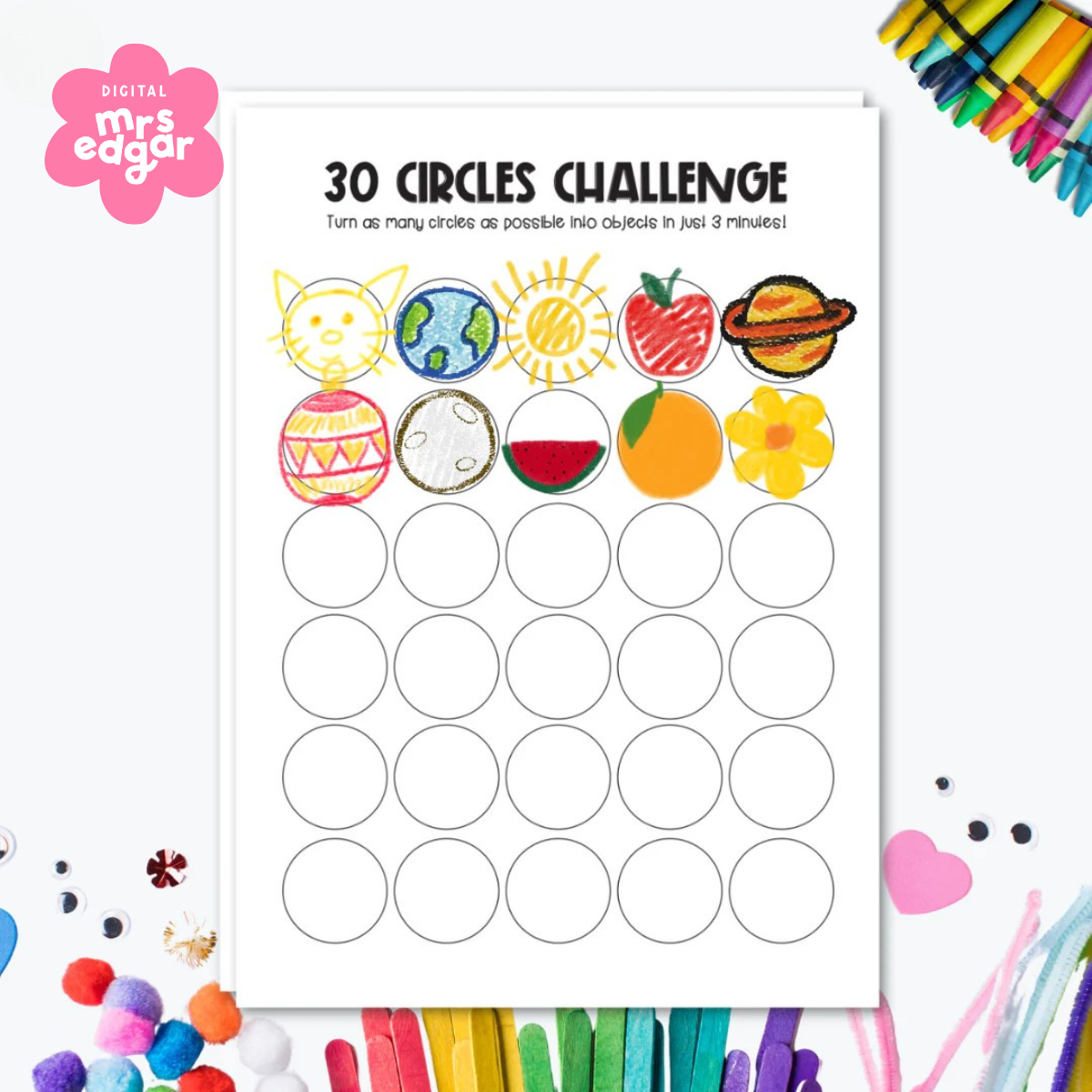 A completed '30 Circles Challenge' worksheet featuring circles transformed into colourful drawings, including a cat, sun, Earth, watermelon, and a planet.