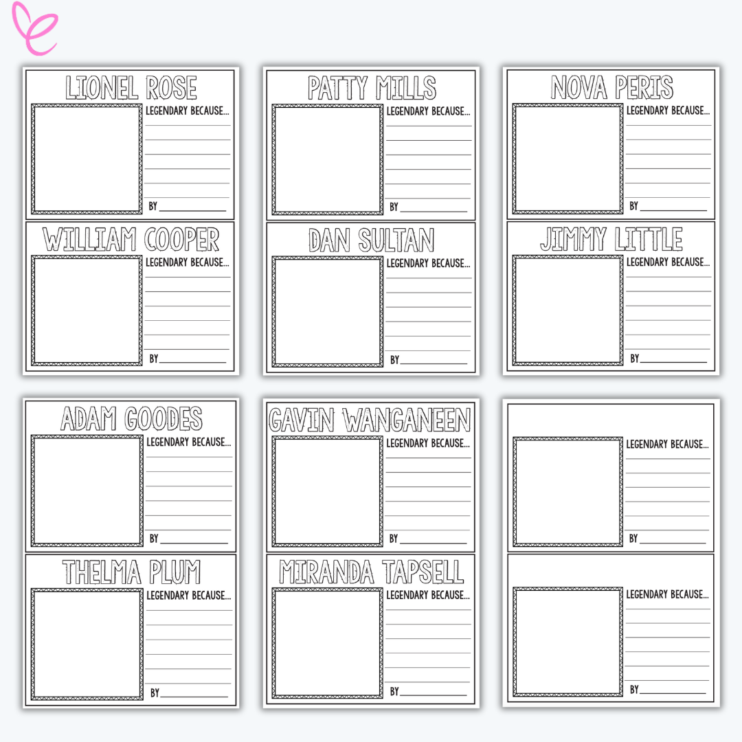 Printable Indigenous Australian legend templates featuring figures like Lionel Rose, Patty Mills, and Nova Peris. Students write why each person is legendary with space for a drawing or photo—perfect for NAIDOC Week or HASS lessons.