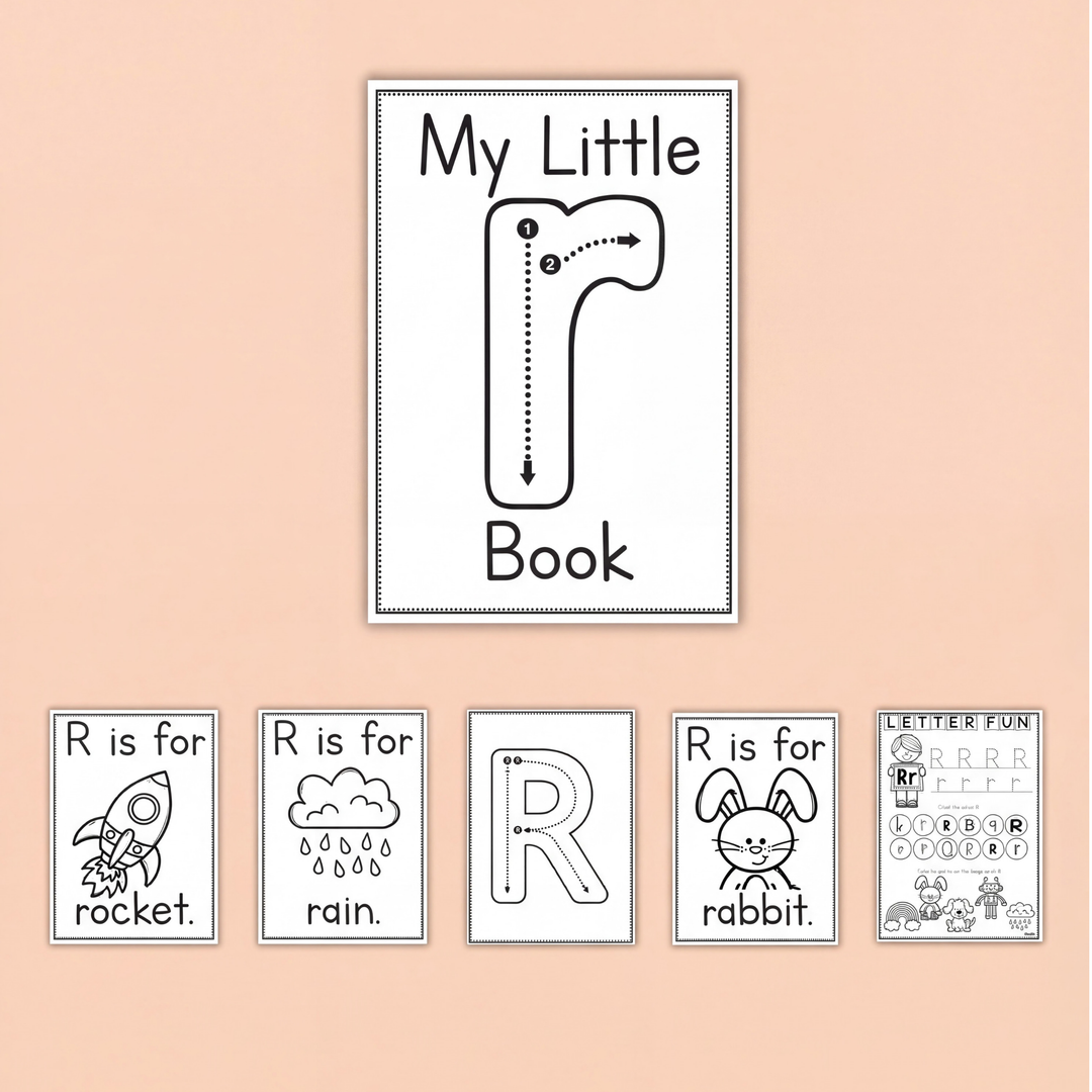 Letter R alphabet worksheets and phonics printables for preschool, kindergarten, prep, and early years classrooms. This engaging Letter R activity pack includes uppercase and lowercase R tracing pages, handwriting practice, beginning sound activities, mini books, alphabet recognition worksheets, and phonics cards. Students build fine motor skills, phonemic awareness, and early literacy while learning vocabulary such as rocket, rain, and rabbit. Perfect for literacy centres, morning work