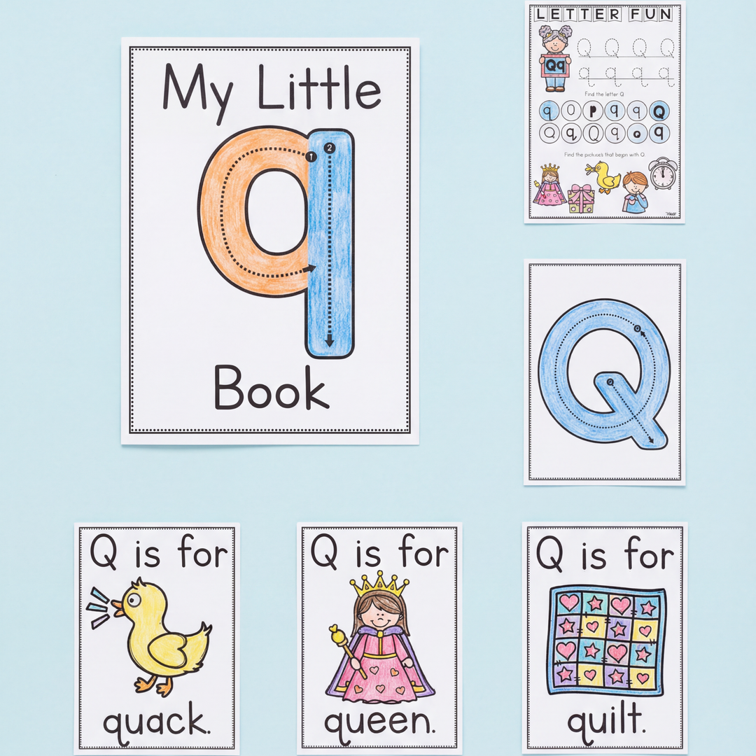 Letter Q activity set featuring a "My Little q Book" cover, uppercase and lowercase tracing pages, and vocabulary cards for queen, quack, and quilt.