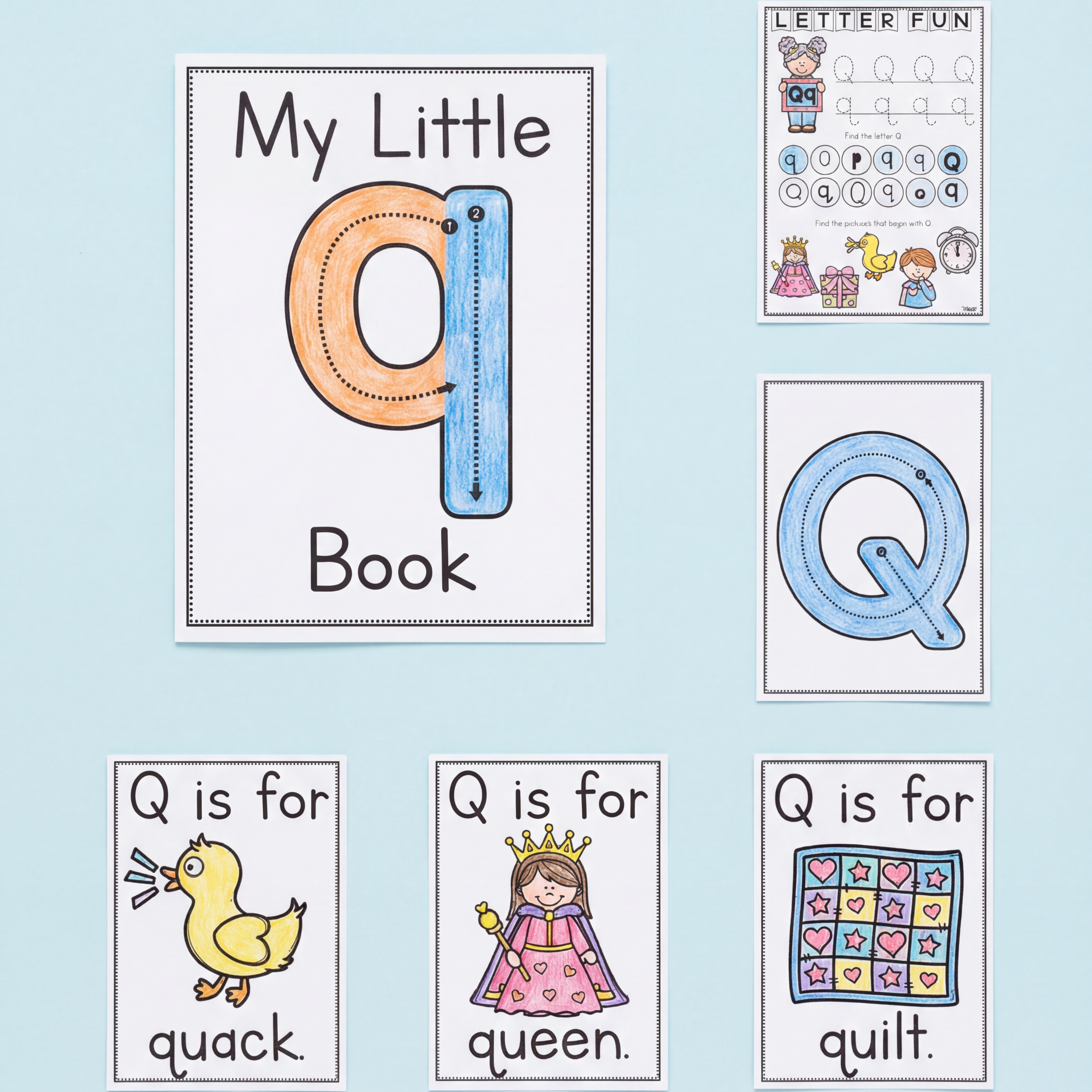 Letter Q alphabet worksheets and phonics printables for preschool, kindergarten, prep, and early childhood classrooms. This engaging Letter Q activity pack includes handwriting practice, alphabet tracing pages, beginning sound recognition tasks, mini books, and phonics activities designed to help children learn uppercase and lowercase Q. Features fun vocabulary cards and illustrations such as queen, quack, and quilt to support phonemic awareness, vocabulary building, fine motor development