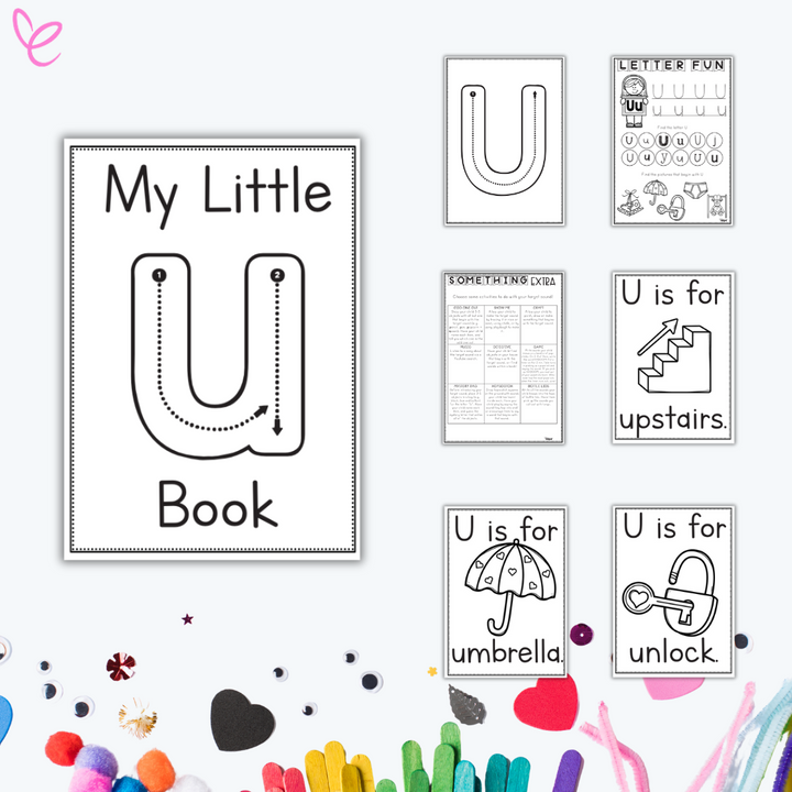 Early learning worksheets for the letter Y featuring tracing, colouring pages, and words like umbrella, unlock, and upstairs.
