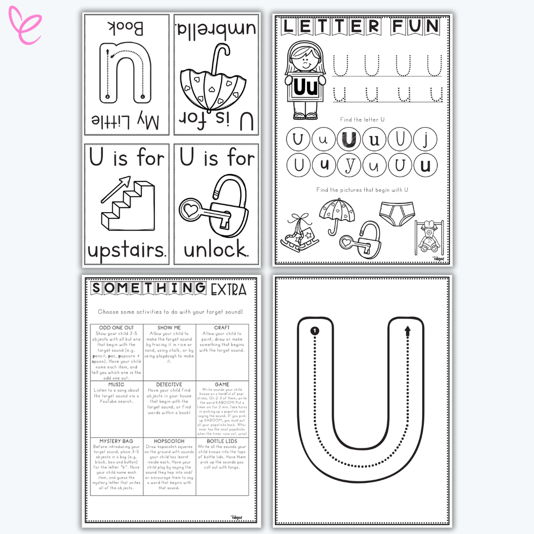 Printable phonics activity pack focused on the letter u, including handwriting practice and themed vocabulary cards.
