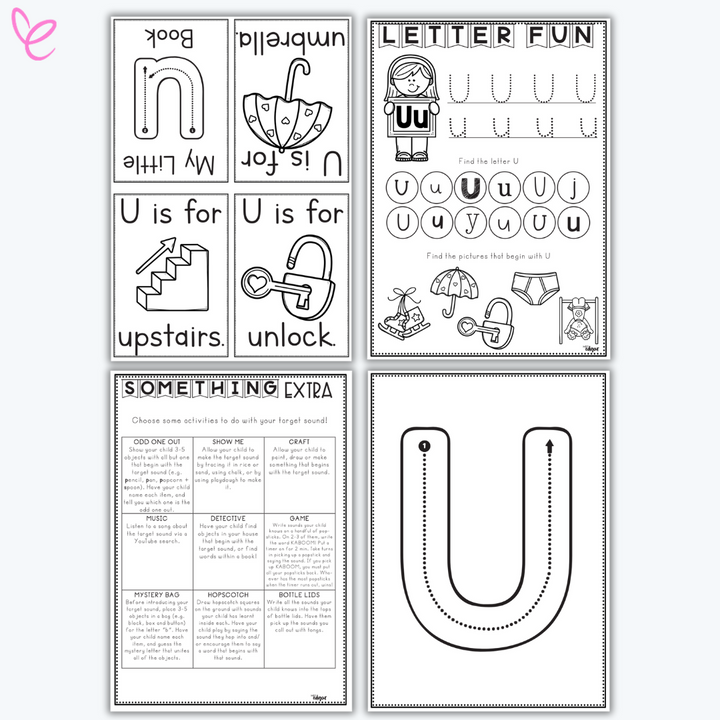 Printable phonics activity pack focused on the letter u, including handwriting practice and themed vocabulary cards.