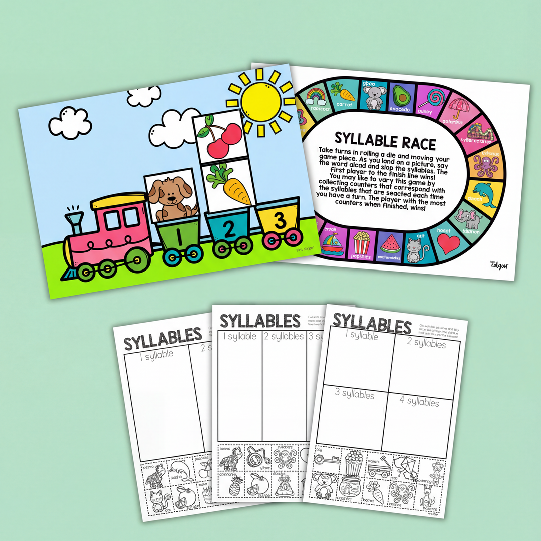 Syllables activity pack with colourful sorting train, race board game, and printable worksheets for counting syllables.