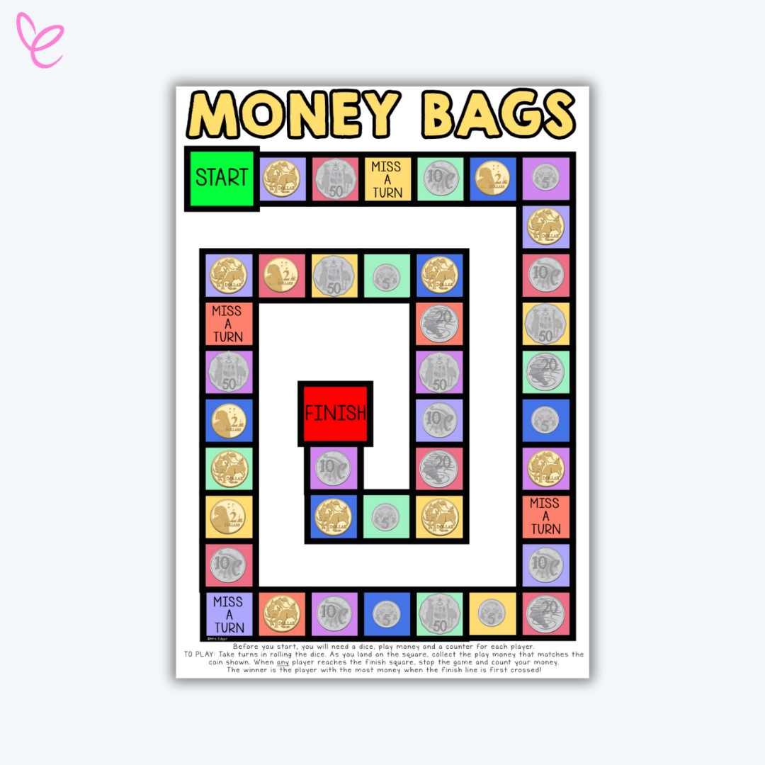 A board game called "Money Bags," with a colourful path featuring Australian coins, a "Start" and "Finish" square, and gameplay instructions.