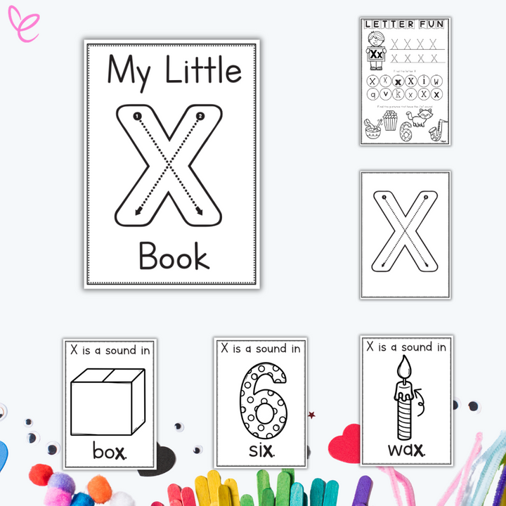 Early learning worksheets for the letter Y featuring tracing, colouring pages, and words like boX, siX, and waX.