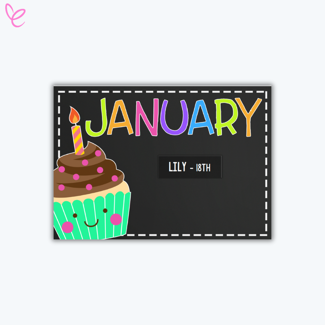 A colourful chalkboard-style birthday display featuring the word 'January' in rainbow letters, a smiling cupcake with a lit candle, and a label reading 'Lily - 18th.'