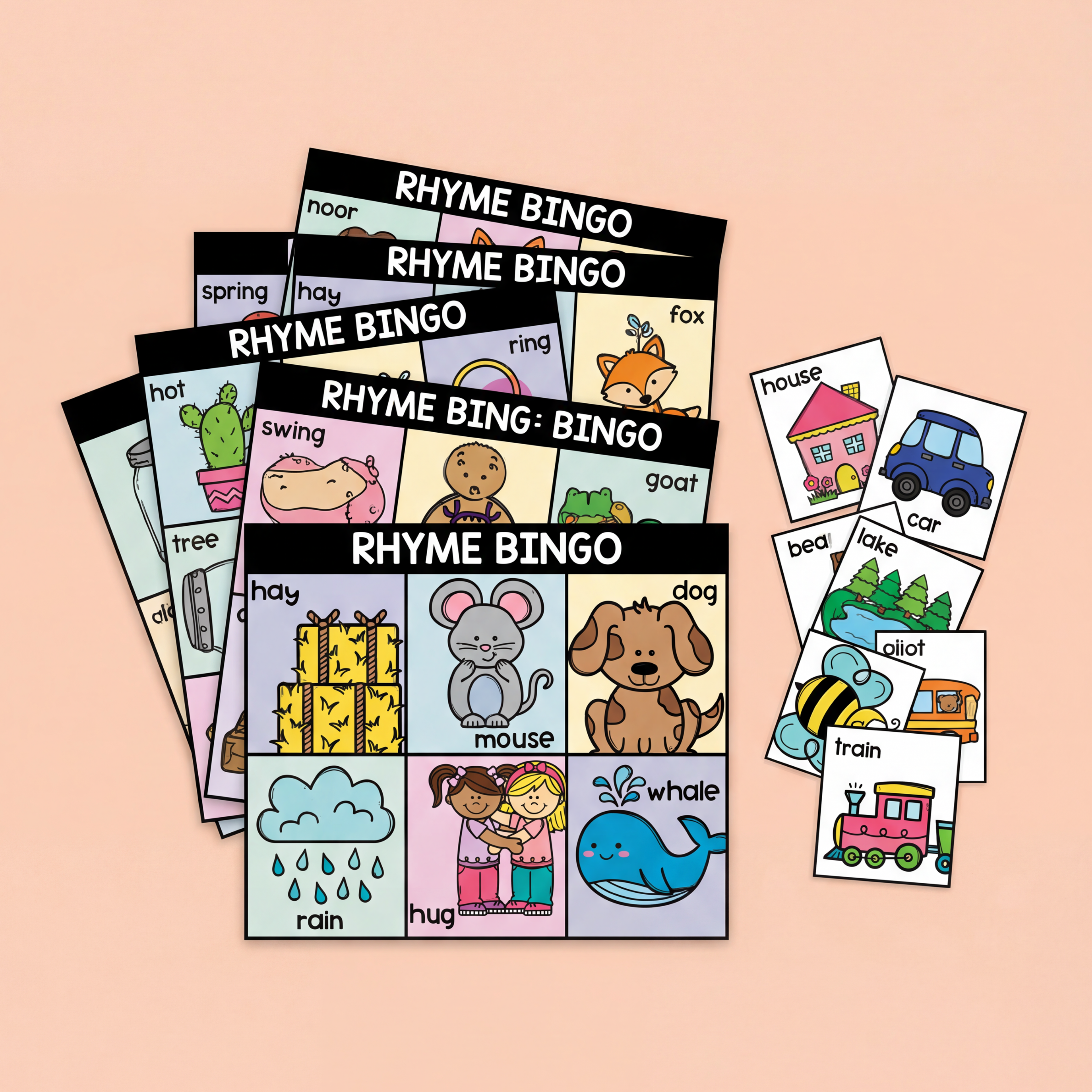 A set of colourful rhyme bingo boards and matching picture cards is displayed on a soft peach background. The printable literacy game helps students practise identifying rhyming words through engaging picture-matching and phonological awareness activities.