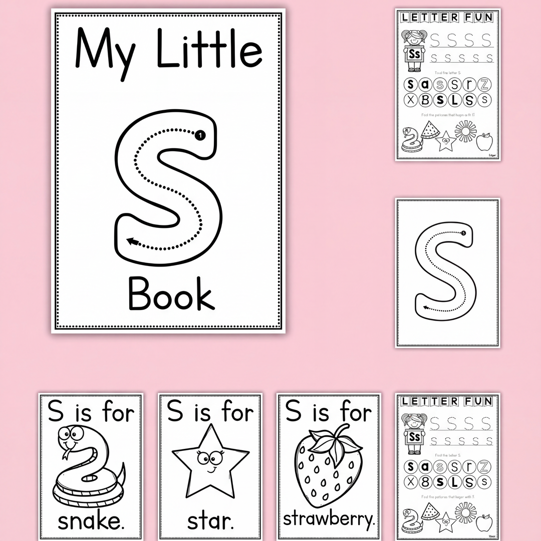 My Little S Book” printable set with vocabulary cards and letter tracing. Designed to support preschool and kindergarten students with letter recognition and phonemic awareness.