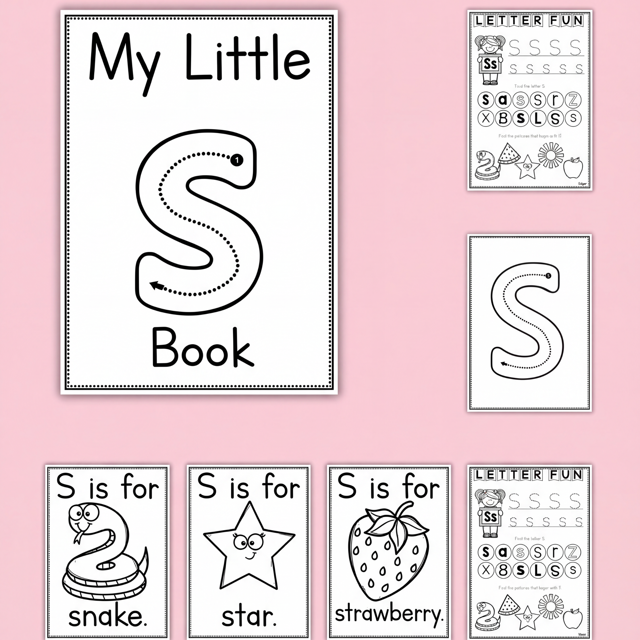 Letter S alphabet worksheets and phonics printables for preschool, kindergarten, prep, and early childhood classrooms. This engaging Letter S activity pack includes uppercase and lowercase S tracing pages, handwriting practice worksheets, beginning sound recognition activities, mini books, and alphabet phonics tasks. Children build fine motor skills, letter recognition, phonemic awareness, and early literacy while learning fun vocabulary such as snake, star, and strawberry. Perfect for literacy centres