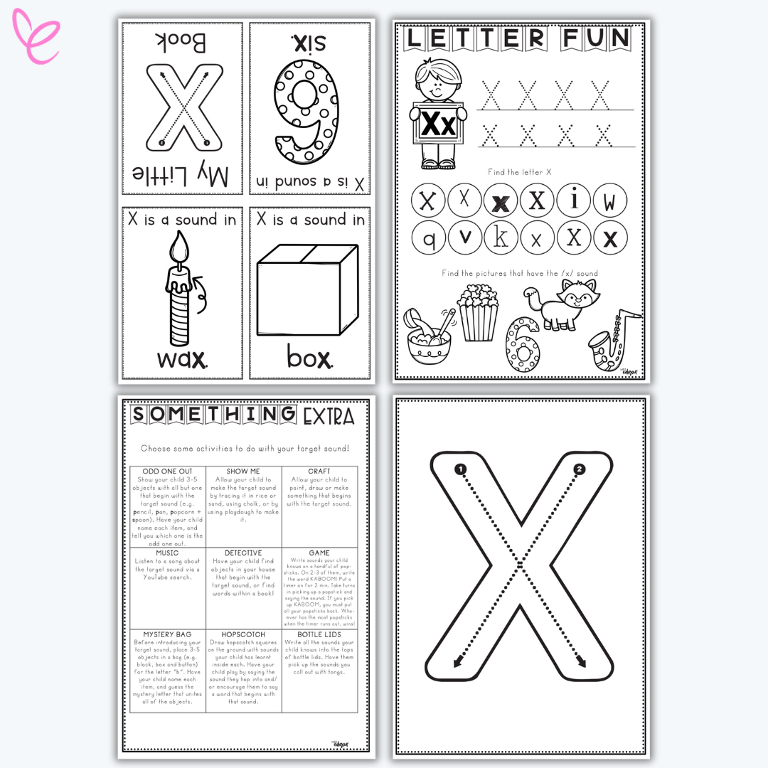 Printable phonics activity pack focused on the letter x, including handwriting practice and themed vocabulary cards.