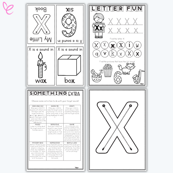 Printable phonics activity pack focused on the letter x, including handwriting practice and themed vocabulary cards.