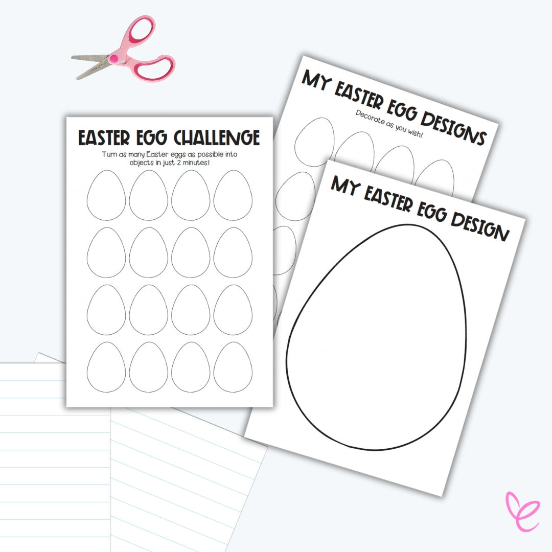 A set of three Easter-themed printable worksheets, including an 'Easter Egg Challenge' sheet with multiple small eggs, a 'My Easter Egg Designs' sheet with blank eggs, and a 'My Easter Egg Design' sheet with one large egg outline. Scissors and lined paper are included in the background.