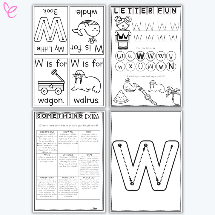 Printable phonics activity pack focused on the letter w, including handwriting practice and themed vocabulary cards.