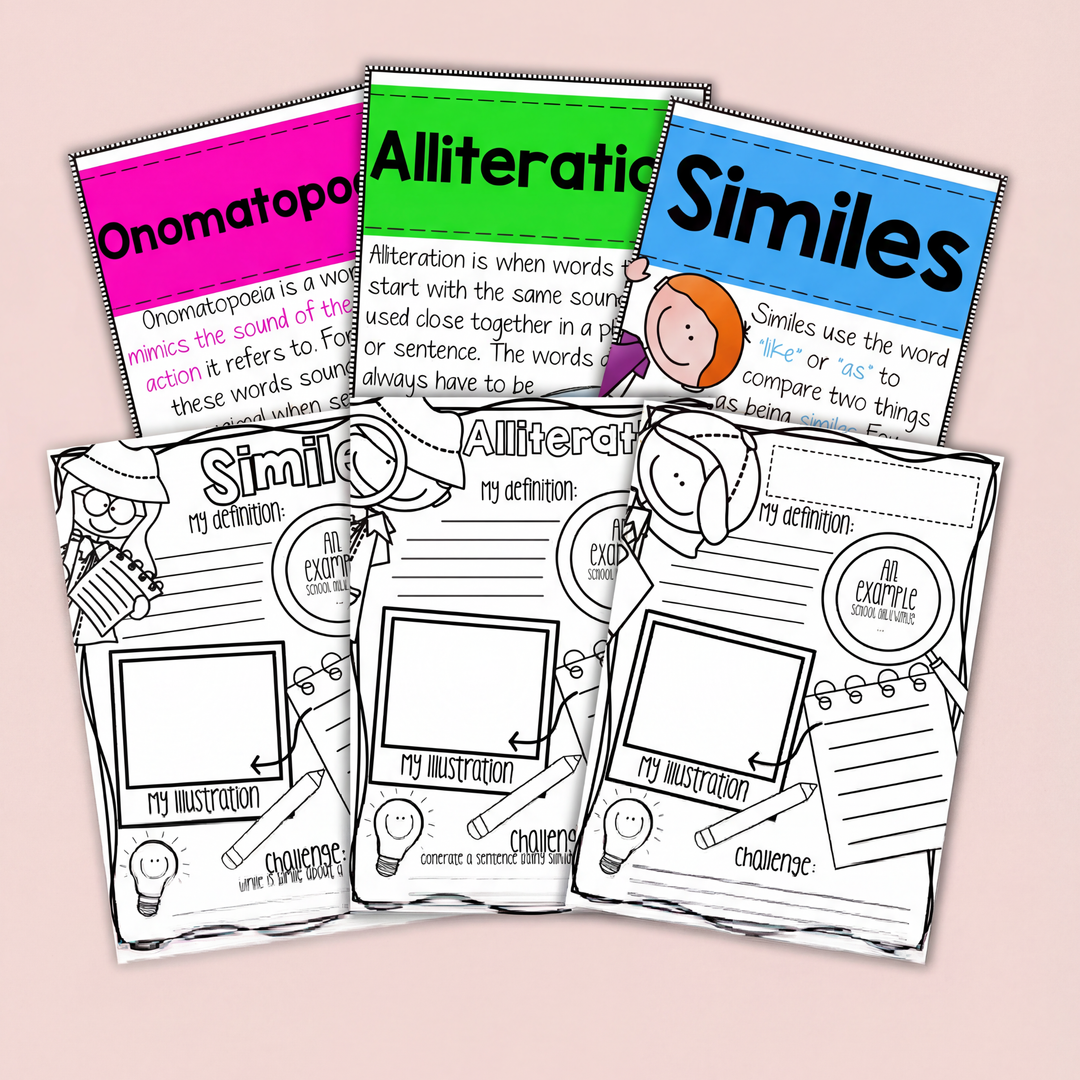 A mix of black-and-white and colourful figurative language posters for similes, alliteration, and onomatopoeia. The black-and-white worksheets allow students to define, illustrate, and write examples, while the vibrant, coloured posters provide clear definitions and examples for classroom displays.