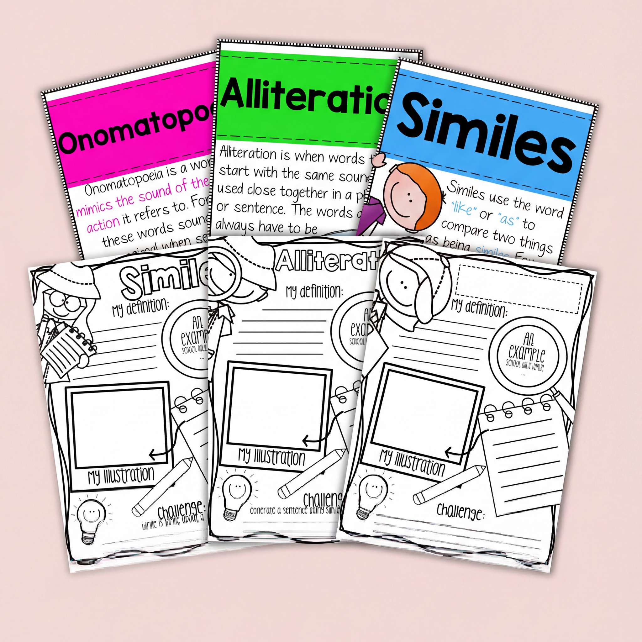 A set of colourful and black-and-white literacy worksheets about figurative language is displayed on a pale pink background. The top row features bright teaching posters titled “Onomatopoeia,” “Alliteration,” and “Similes,” each with simple student-friendly explanations. In front are matching printable activity sheets with spaces for students to write definitions, examples, illustrations, and challenge responses. The worksheets are designed for classroom literacy lessons and interactive language learning ac