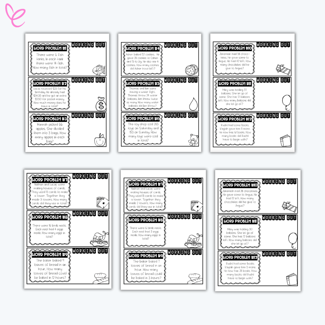 Digital download of Word Problems for Grades 3 and 4, featuring worksheets aimed at enhancing students' math skills, designed for teachers. Displayed next to each other on a white background.