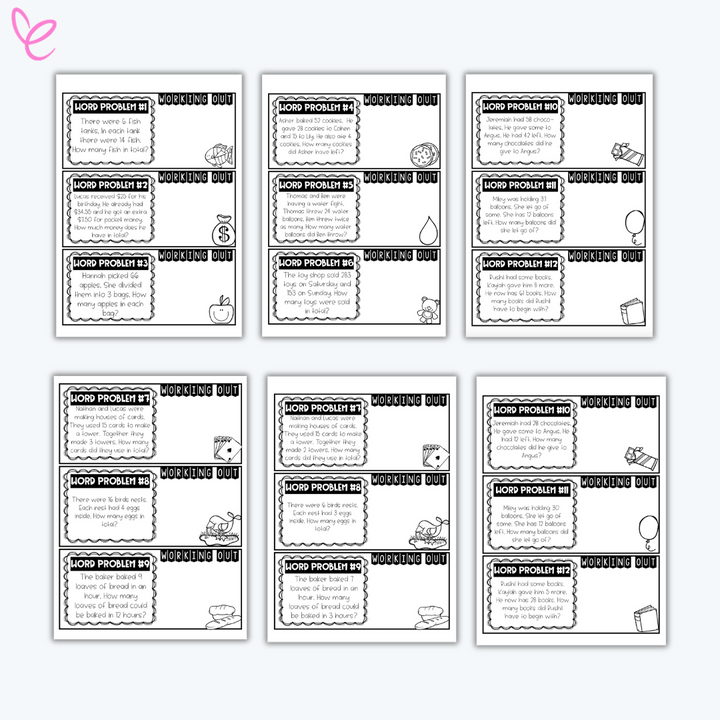 Digital download of Word Problems for Grades 3 and 4, featuring worksheets aimed at enhancing students' math skills, designed for teachers. Displayed next to each other on a white background.