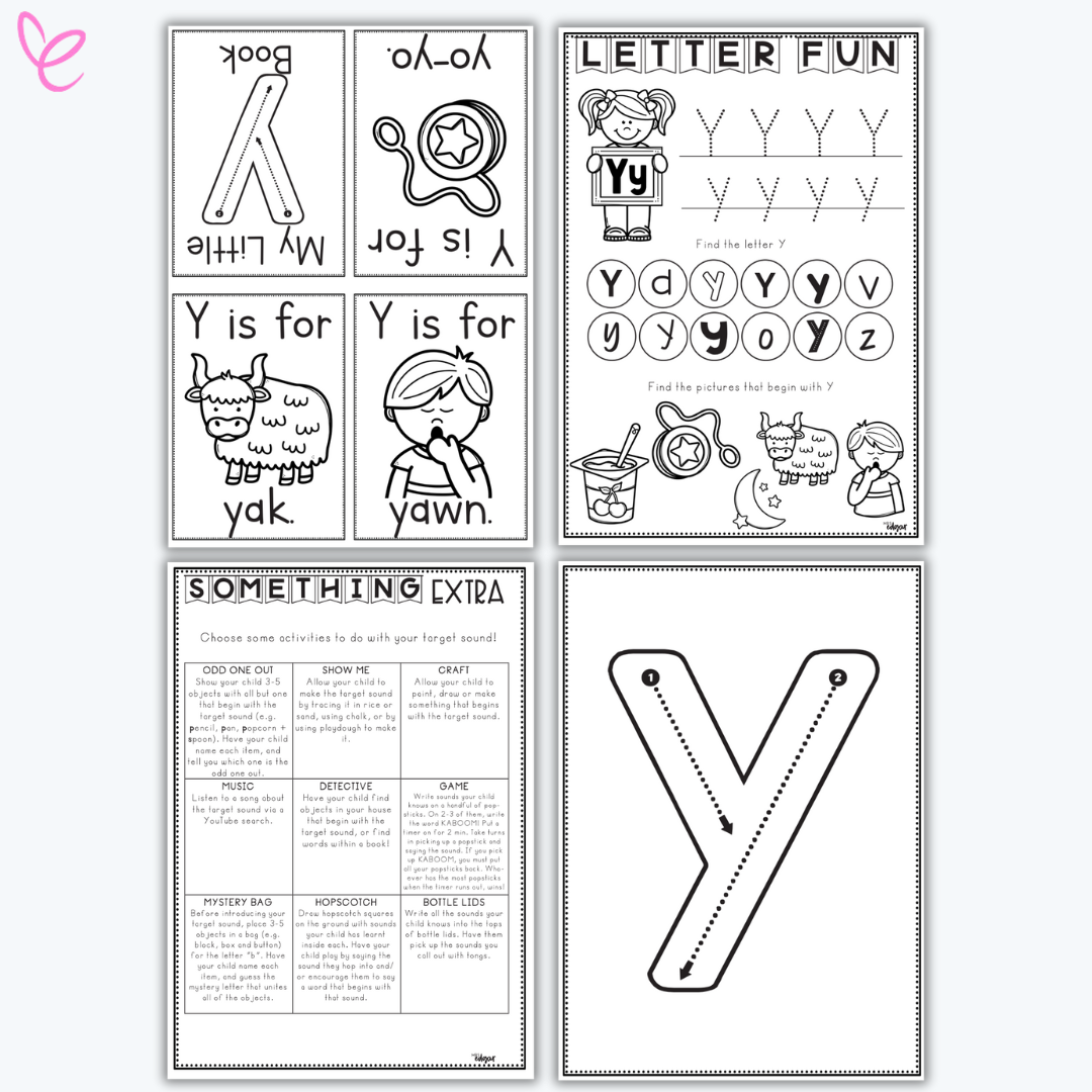 Printable phonics activity pack focused on the letter Y, including handwriting practice and themed vocabulary cards.