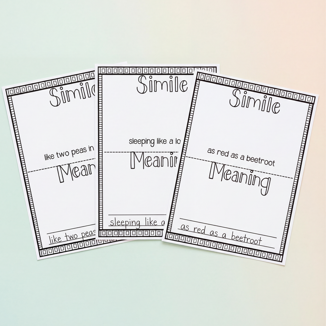 Three simile worksheets with examples such as 'like two peas in a pod,' 'sleeping like a log,' and 'as red as a beetroot.' Each worksheet includes space for students to write the meaning and their own sentence.