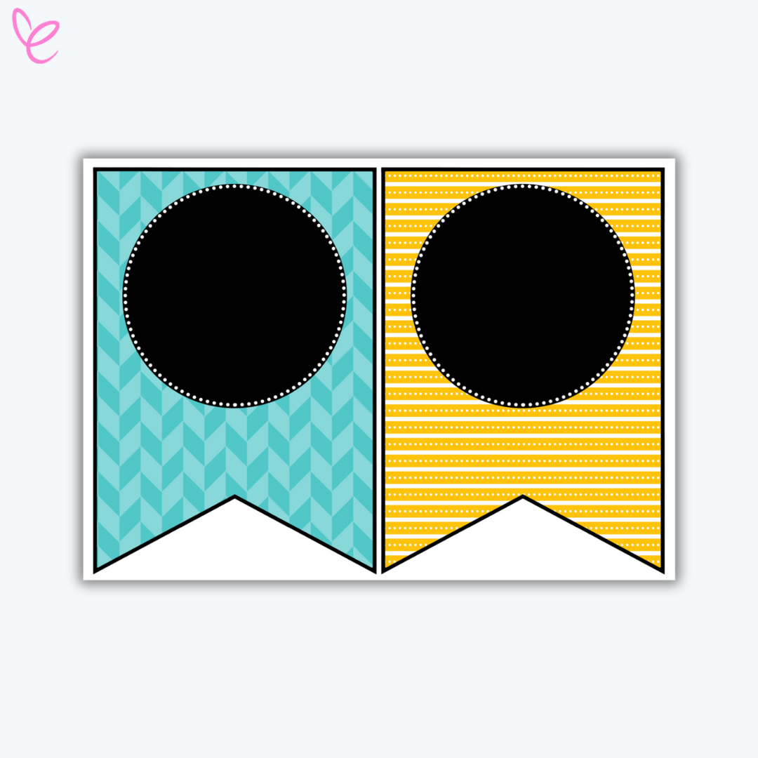 Two decorative classroom flags – one in teal blue with a chevron pattern and the other in yellow with dotted horizontal lines. Each includes a central black circle for customisable content.