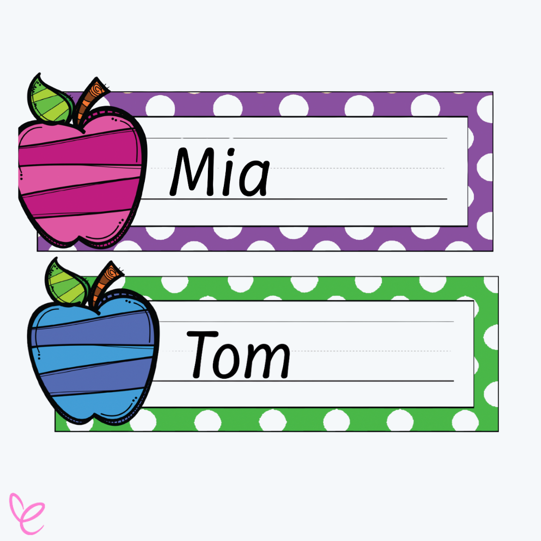 Two editable classroom nameplates featuring a purple polka-dot border with a pink apple for "Mia" and a green polka-dot border with a blue apple for "Tom."