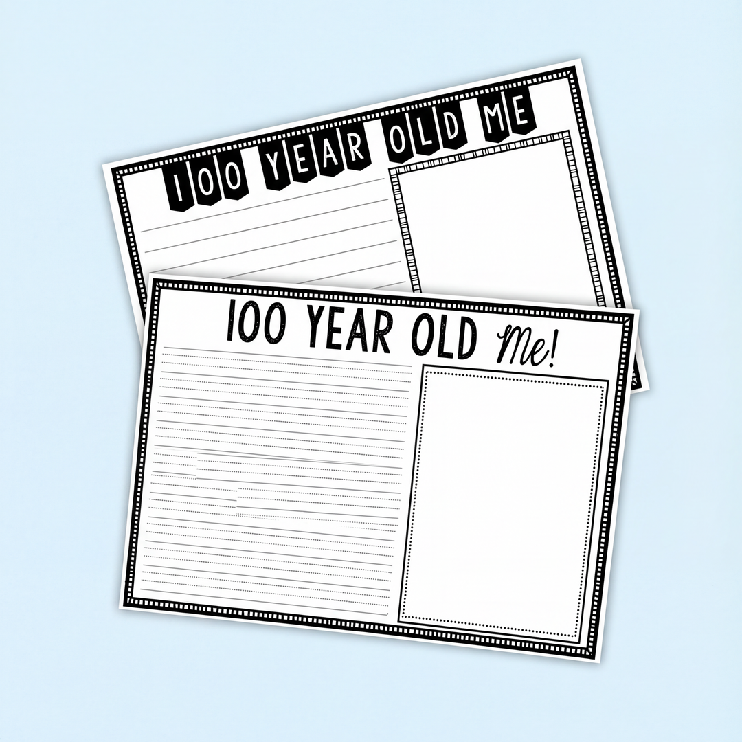 Digital teacher download featuring 100 Year Old Me creative writing templates, displayed on an ecommerce photo with other craft items.