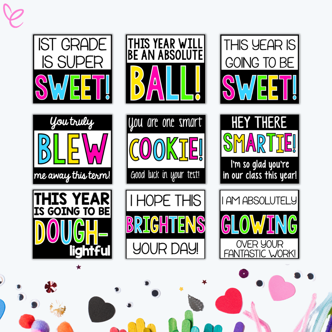 The same twelve motivational student cards with playful messages like "You truly BLEW me away this term!" and "I am absolutely GLOWING over your fantastic work!" displayed on a decorated background with craft materials like googly eyes, paper hearts, and colourful objects.