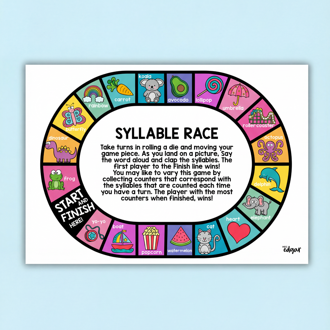 A photo of the Interactive teacher printable 'Syllable Game Prep Foundation Kindergarten games for students, featuring a white background displayed with over craft items.