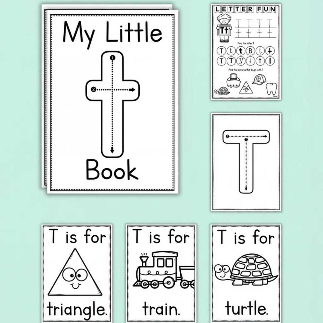 Early learning worksheets for the letter T featuring tracing, colouring pages, and words like triangle, train, and turtle.