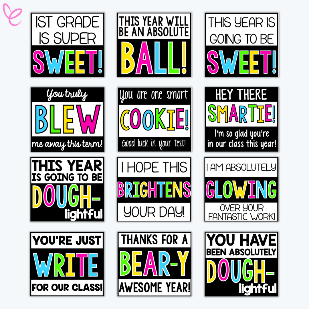 A set of twelve colourful motivational cards for students, featuring fun, pun-based phrases like "This year will be an absolute BALL!" and "You're just WRITE for our class!" in a bright, engaging font with black and white backgrounds.