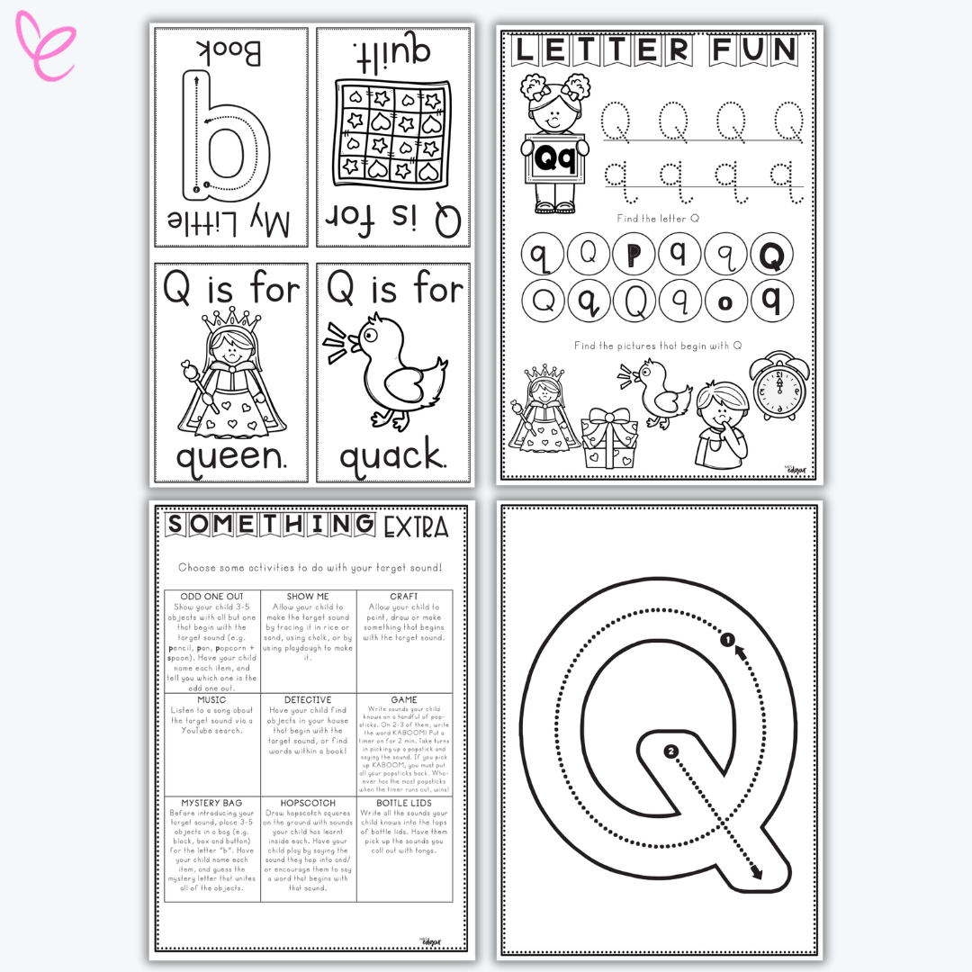 Printable letter Q learning worksheets including handwriting practice, vocabulary flashcards, a phonics game sheet, and a tracing guide.