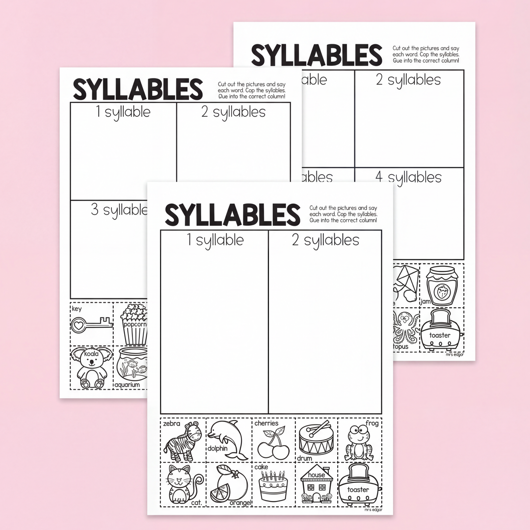 Worksheet for syllable activity with pictures and syllable counts (2, 3, 4) displayed on a white background, next to a pair of scissors.