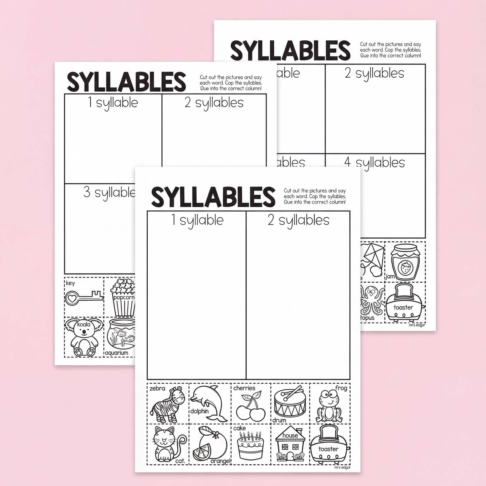 Set of printable black-and-white syllable sorting worksheets for phonics and early literacy activities. Students cut, sort, and glue picture cards into columns based on the number of syllables, helping build phonological awareness and word recognition skills.