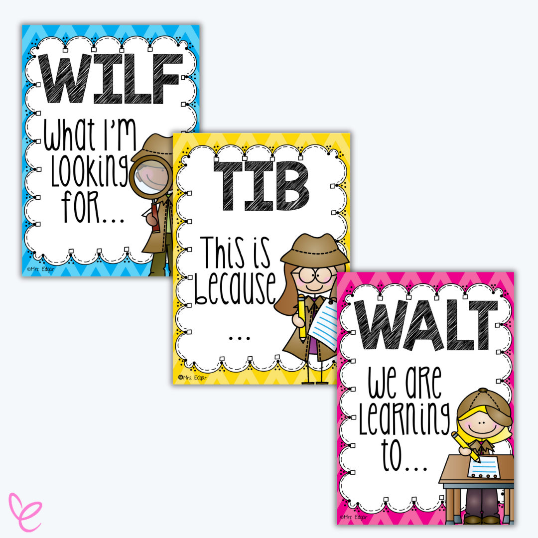 Detective-themed WALT, WILF, and TIB posters with cute characters and bold lettering, ideal for learning walls and student goal setting. Designed for classroom decor focused on visible learning and success criteria.