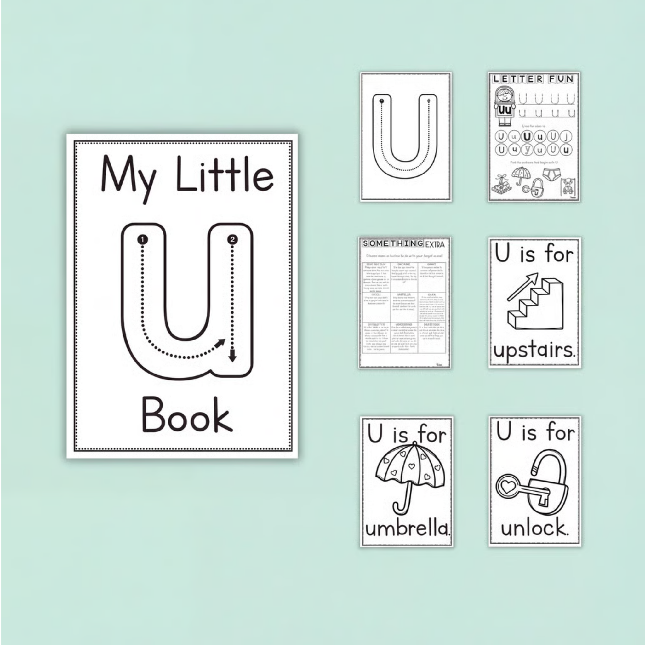 Letter U phonics worksheets and alphabet printables for preschool, kindergarten, prep, and early childhood classrooms. This engaging Letter U activity pack includes uppercase and lowercase U tracing pages, handwriting practice, beginning sound recognition tasks, alphabet mini books, and phonics activities. Children build fine motor skills, letter recognition, and early literacy while exploring vocabulary such as umbrella, unlock, and upstairs. Perfect for literacy centres, morning work, homeschool learning,
