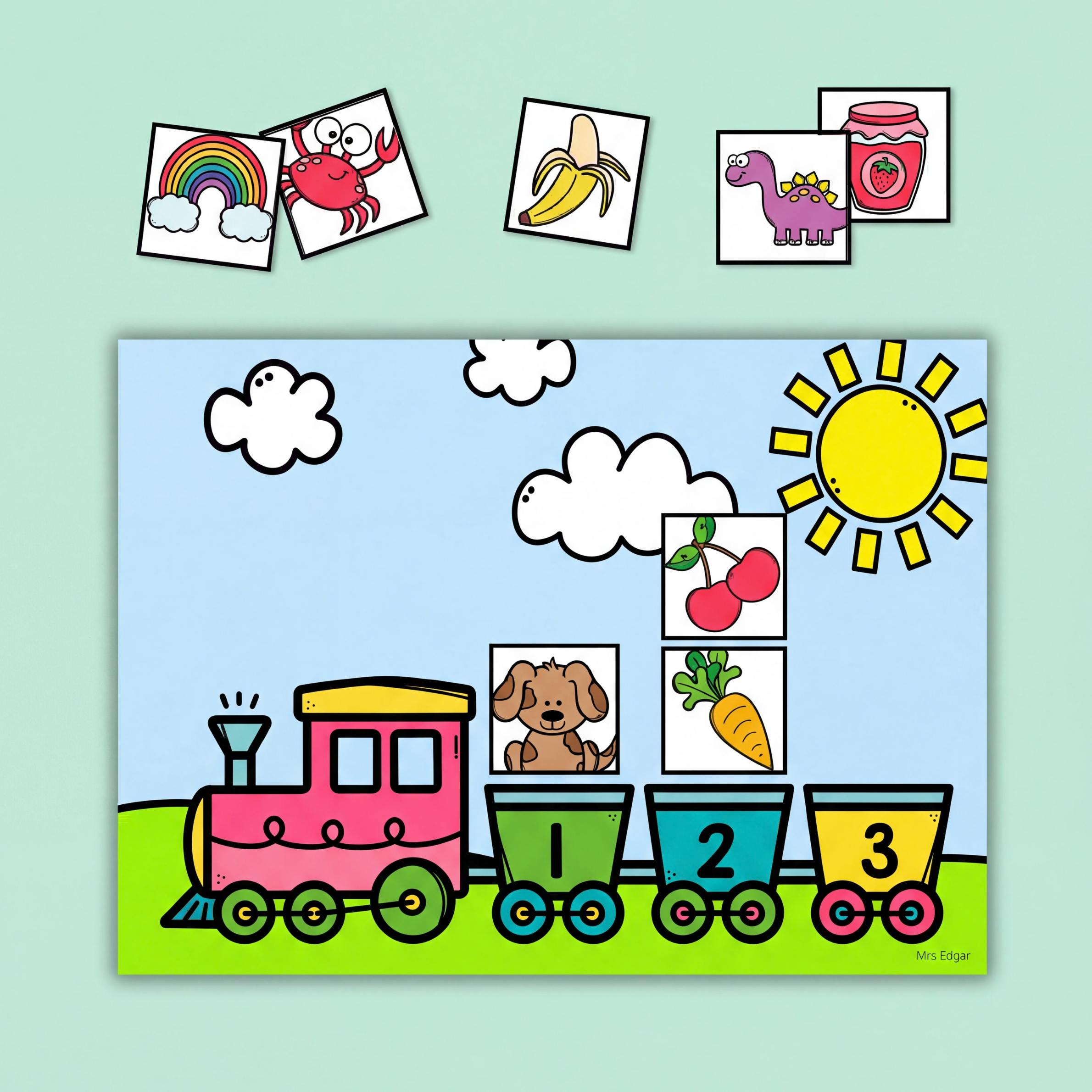 Hands-on syllable sorting activity featuring a colourful train theme and picture cards. Students identify and count syllables in words, then place each picture into the correct numbered carriage to build phonological awareness and early reading skills.