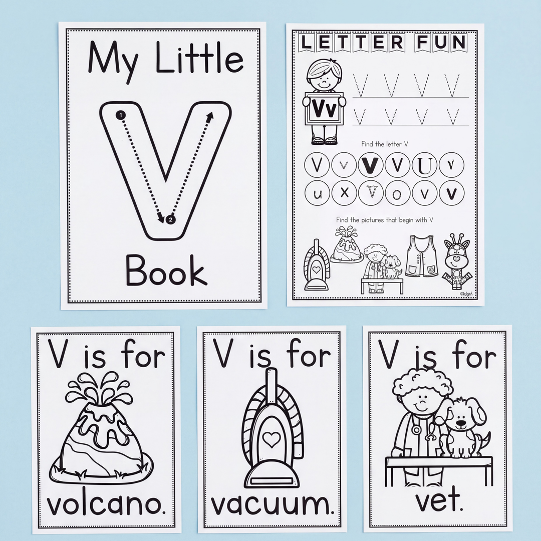Letter V printable worksheets and phonics activities for preschool, kindergarten, prep, and early learners. This engaging alphabet pack includes uppercase and lowercase V tracing pages, beginning sound recognition tasks, handwriting practice, mini books, and interactive literacy activities. Children build fine motor skills, letter formation, phonemic awareness, and early reading confidence while exploring vocabulary such as volcano, vacuum, and vet. Perfect for classroom literacy centres, homeschool 