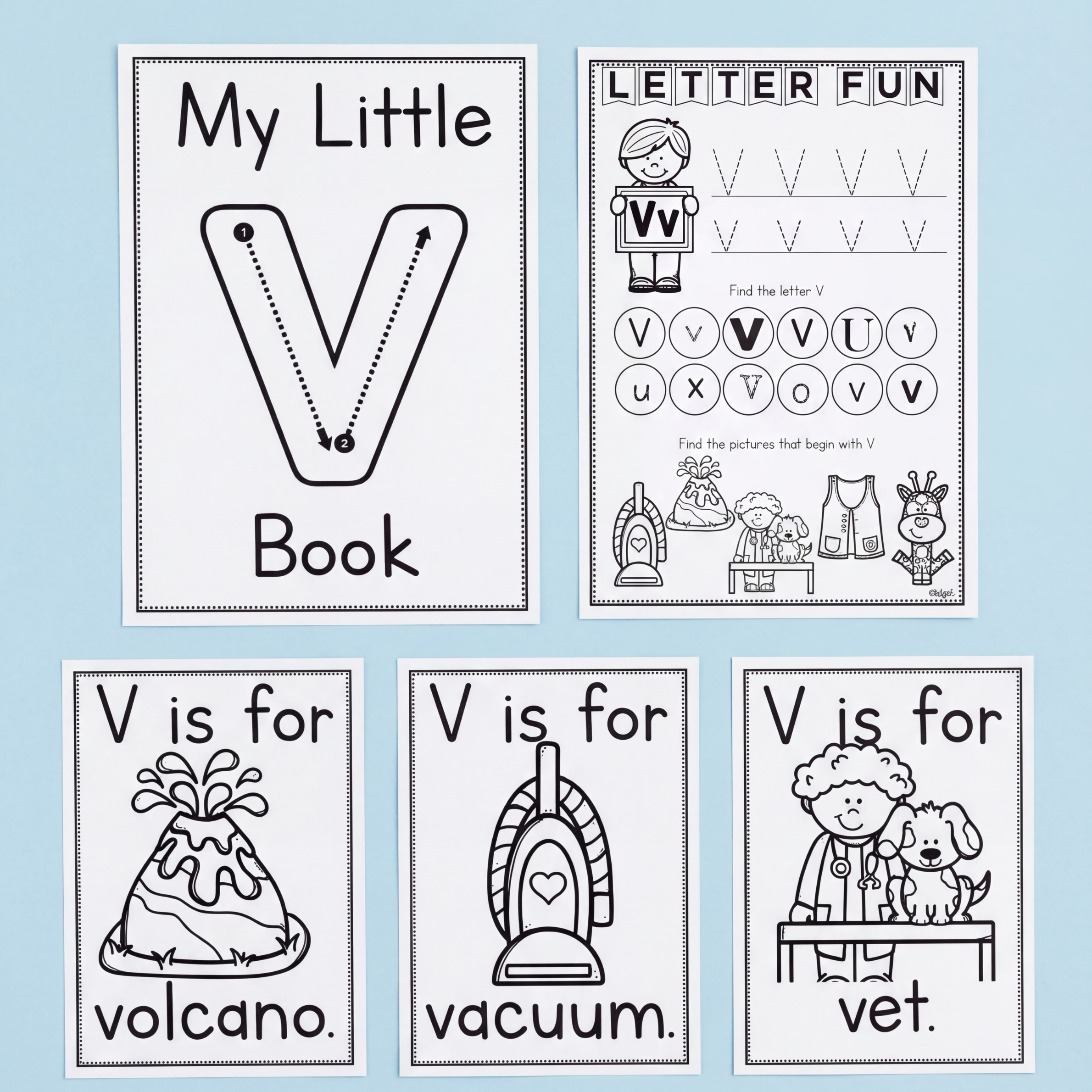 Letter V printable worksheets and phonics activities for preschool, kindergarten, prep, and early learners. This engaging alphabet pack includes uppercase and lowercase V tracing pages, beginning sound recognition tasks, handwriting practice, mini books, and interactive literacy activities. Children build fine motor skills, letter formation, phonemic awareness, and early reading confidence while exploring vocabulary such as volcano, vacuum, and vet. Perfect for classroom literacy centres, homeschool 