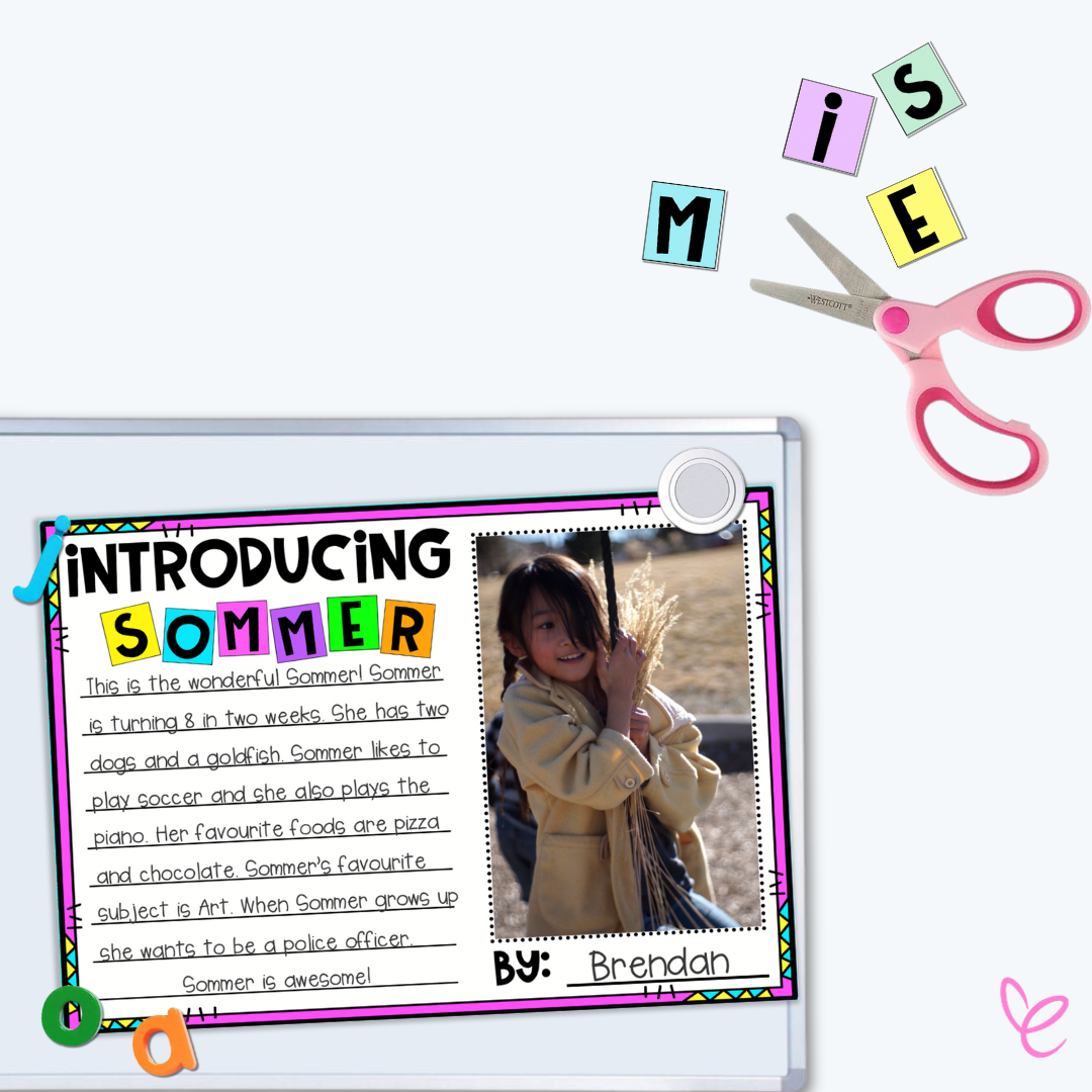 Introducing Me student project with a photo and personal story presented in a colourful bordered layout with name cut-outs.