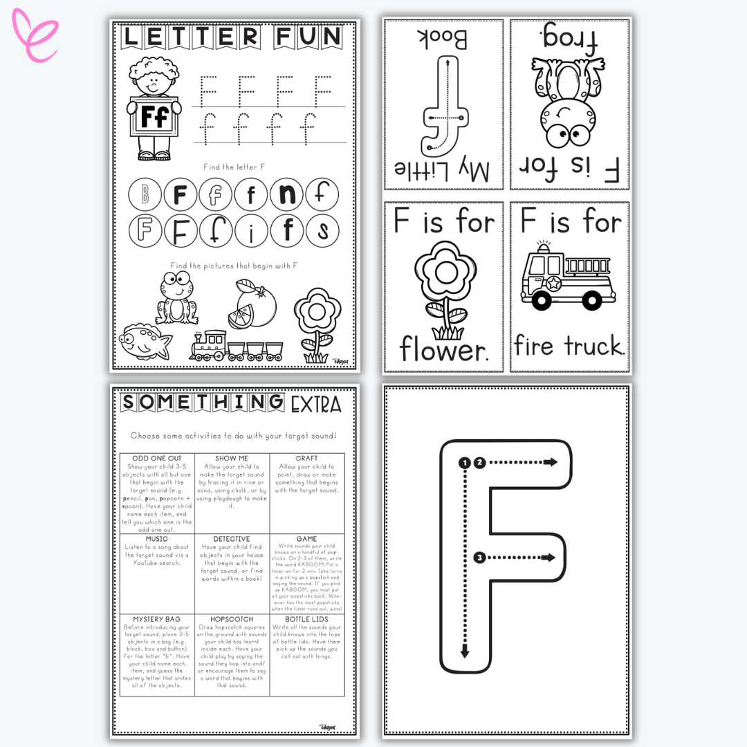 Letter F activity bundle includes handwriting practice, beginning sound recognition, and enrichment tasks. Supports letter formation and phonemic awareness in preschool and kindergarten.