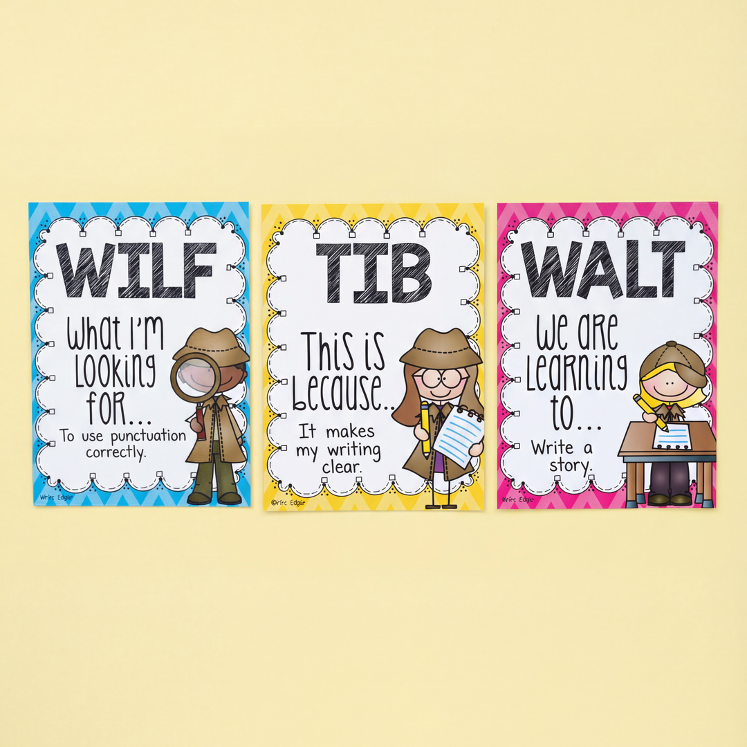 Bundle of WALT, WILF, and TIB classroom posters and mini cards in bright blue, yellow, and pink for teaching intentions and criteria. Great for visual learners and early years classroom organisation.
